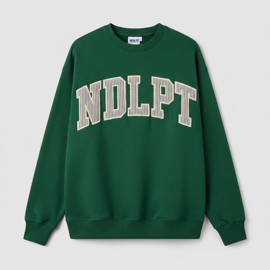 adult cotton sweatshirt with applique letters spelling out ndlpt across front of chest