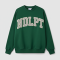 adult cotton sweatshirt with applique letters spelling out ndlpt across front of chest